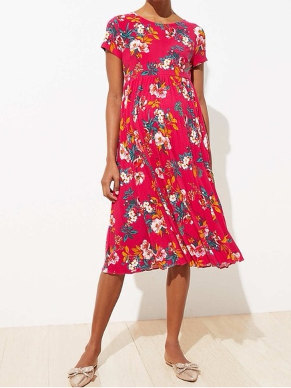 LOFT Fuchsia Floral Short-Sleeve Midi Dress